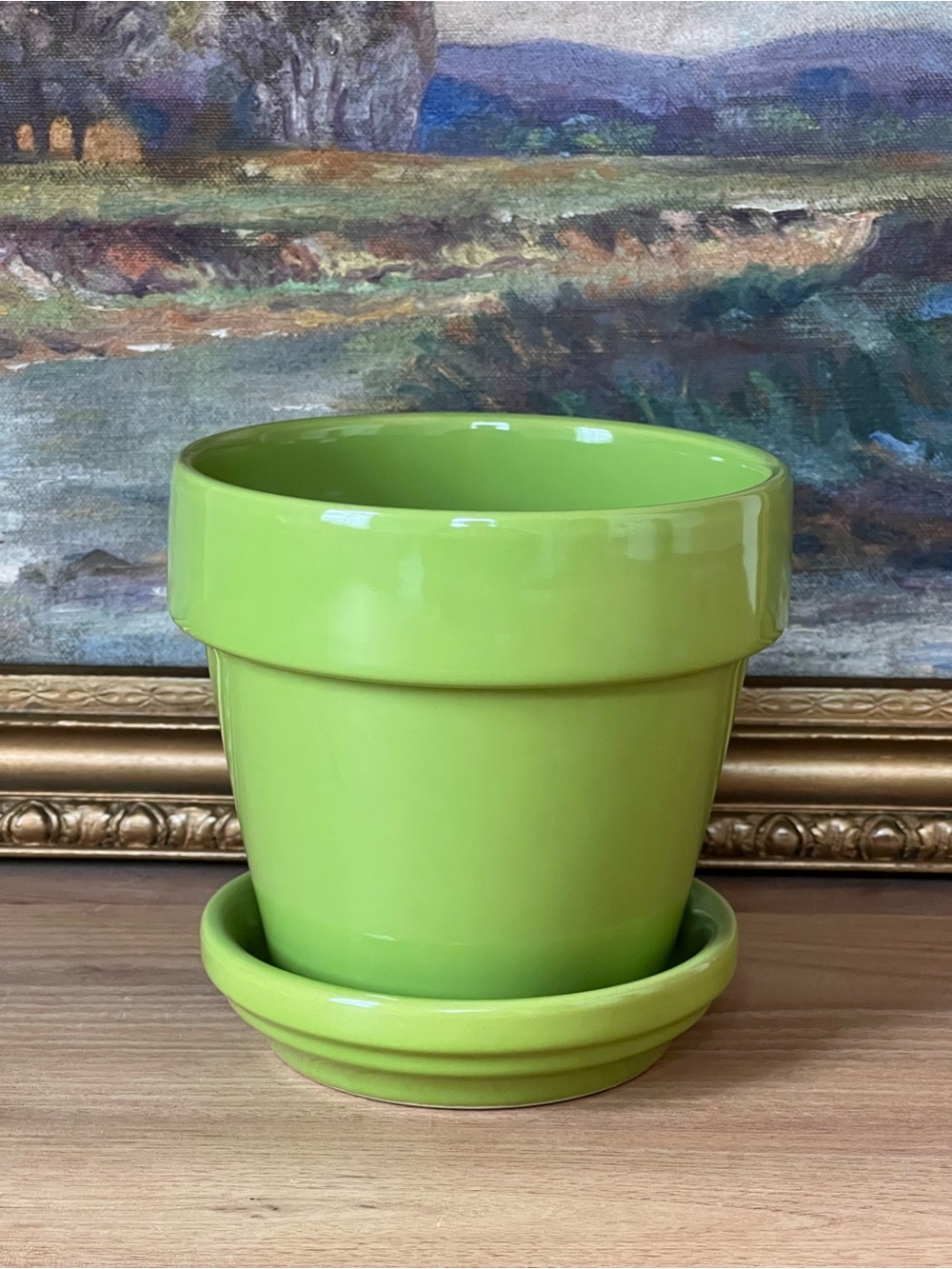 Glossy Green Ceramic Flower Pot with Saucer